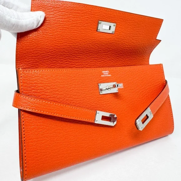 Hermes PHW Chevre Orange Poppy Kelly Longue Wallet - Picture 7 of 10